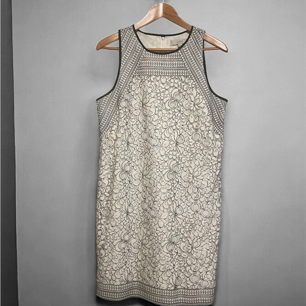 LOFT sz 10 sleeveless lined black & off-white lace sheath dress.
